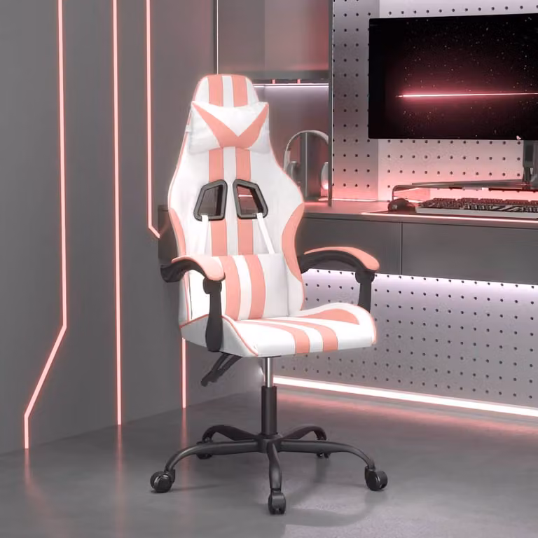 Sedia da Gaming vidaXL in Similpelle Bianco e Rosa con Braccioli e Ruote, Girevole 360 Gradi