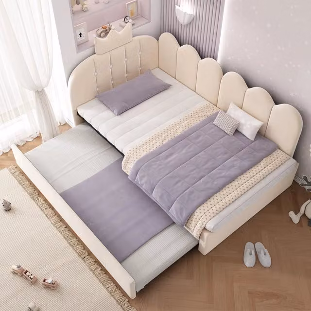 Letto divano OKWISH con letto estraibile in velluto beige per cameretta e ospiti, L/P: 90 x 200 cm