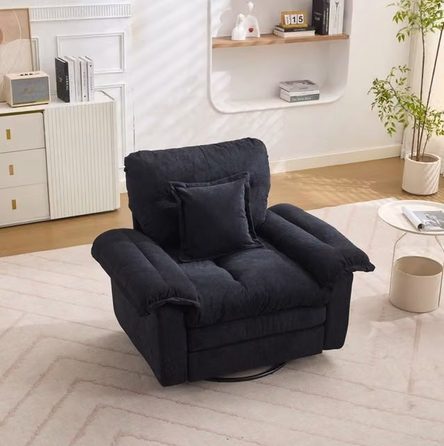 Poltrona girevole 360° oversize in ciniglia nera con cuscino di supporto HOMVRA