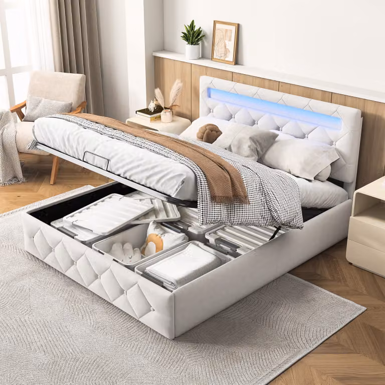 Letto 160x200cm con LED - Base a doghe - Ampio contenitore - Beige