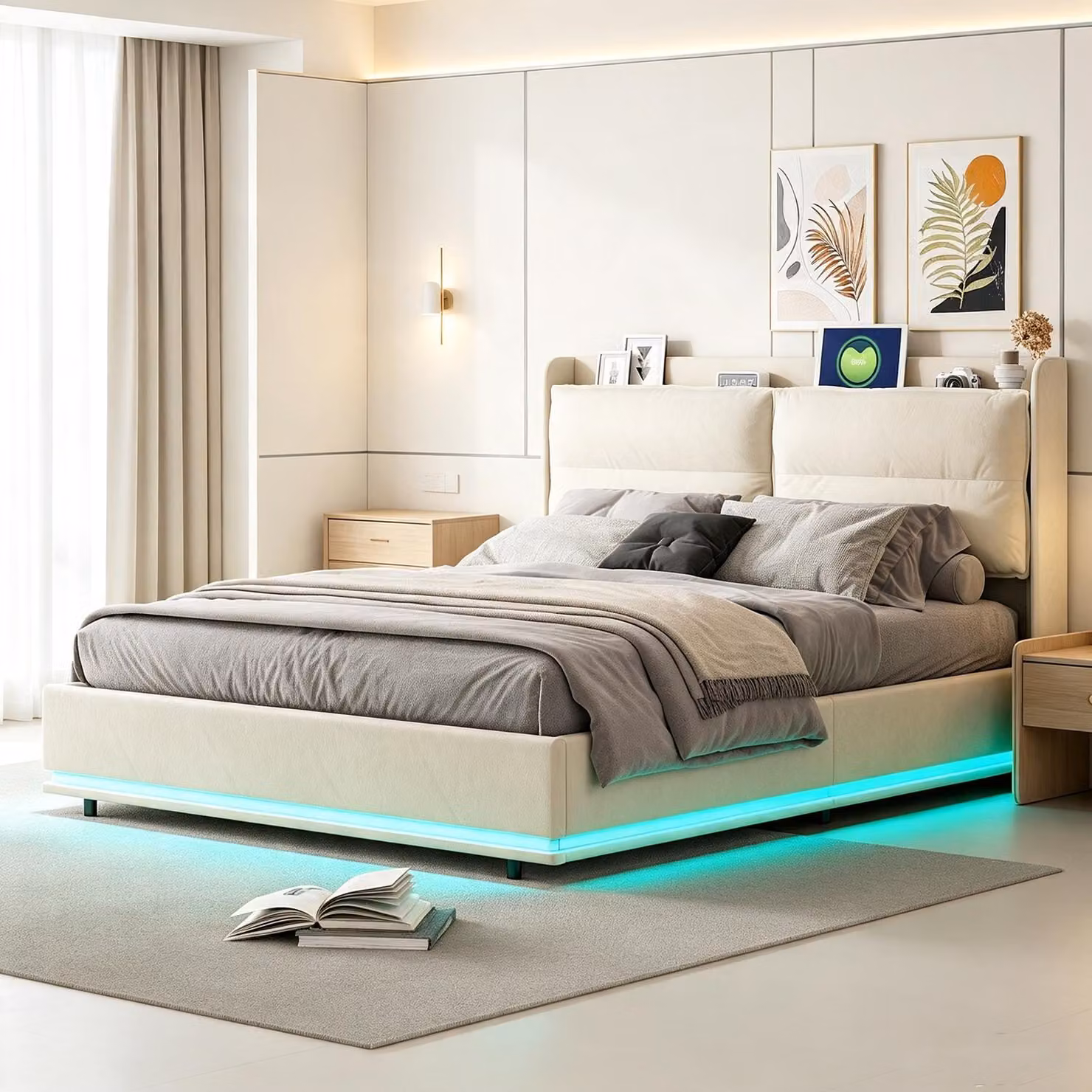 Letto matrimoniale con rete a molle INONEFT, 160x200 cm, con base imbottita idraulica, illuminazione LED e prese USB/C, struttura in legno, ideale per coppie, ragazzi, rivestito in velluto, colore beige.