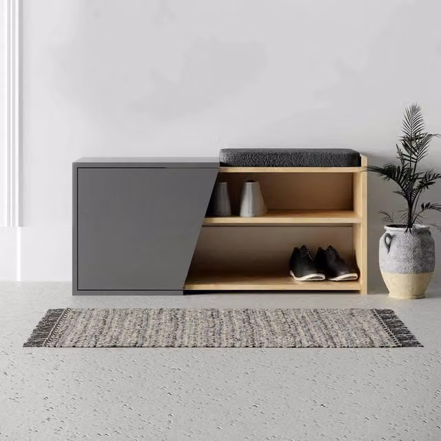 Scarpiera da parete DMORA con seduta integrata e ripiani interni, finitura rovere opaca, L: 104 cm, P: 47 cm, H: 37 cm – 1