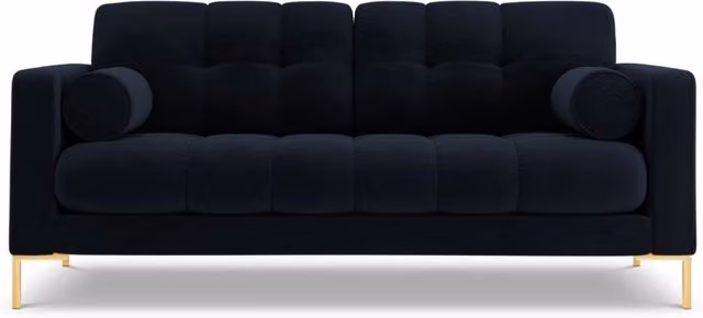 Divano 2 posti Bali di Cosmopolitan Design in velluto blu scuro con dettagli oro e cuscini inclusi L: 152 cm, P: 75 cm, H: 92 cm – 1