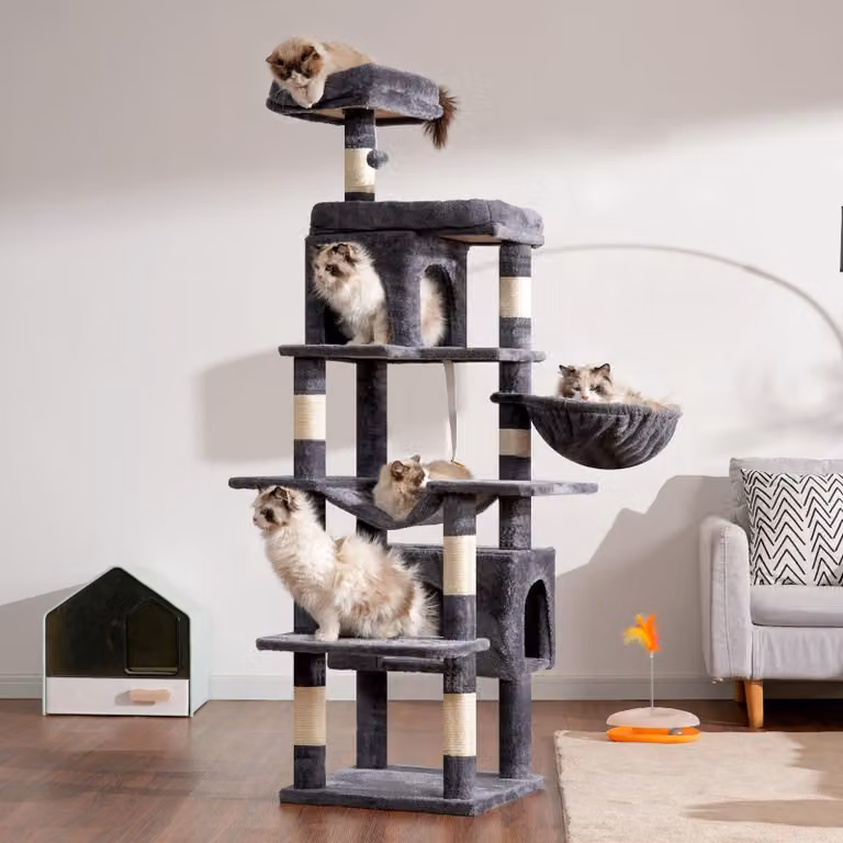 Albero per gatti Kratzbaum, altezza 178 cm, con 8 pali per graffiare, 2 tane, 2 piattaforme, un'amaca e una pallina di peluche, ideale per gatti domestici