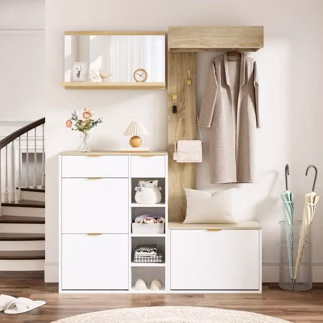 Mobili da ingresso 4 pezzi con scarpiera panca specchio e pannello appendiabiti in truciolare 130 × 30 × 174 cm