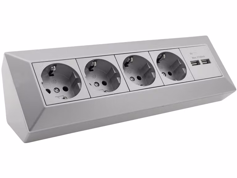 Ciabatta multipresa a 4 prese + 2 porte USB, colore argento. 250V~/ 16A, montaggio a parete, USB 3,1A