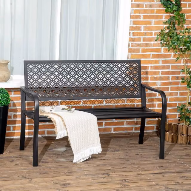 Panchina da giardino OKWISH per 2 persone con schienale e braccioli in acciaio nero con motivo floreale L: 240 cm, P: 63 cm, H: 83 cm
