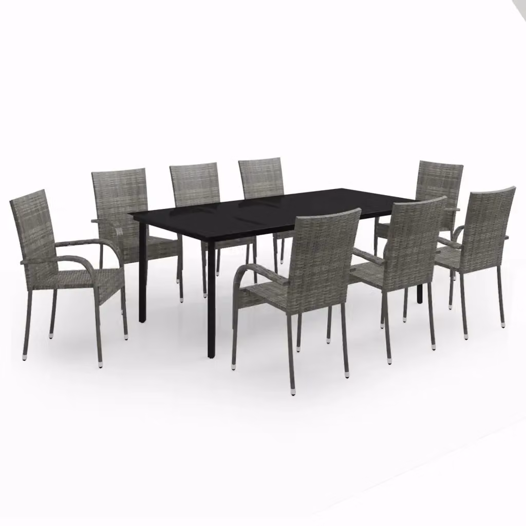 Set da pranzo da giardino vidaXL in polyrattan con tavolo in vetro e 9 pezzi in grigio e nero – 2