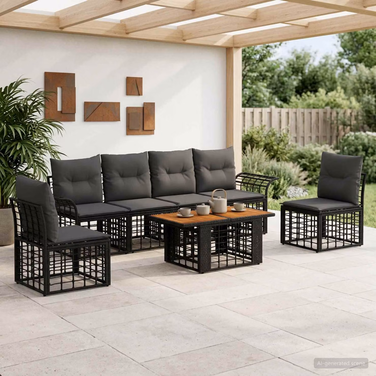 Set Divano da Giardino vidaXL in Polyrattan 7 Pezzi con Cuscini, Nero e Grigio scuro