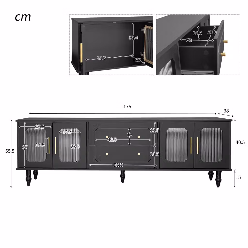 Mobile TV REDOM Nero con 4 ante in vetro rigato e cassetti L: 175 cm, P: 38 cm, H: 55,5 cm – 2