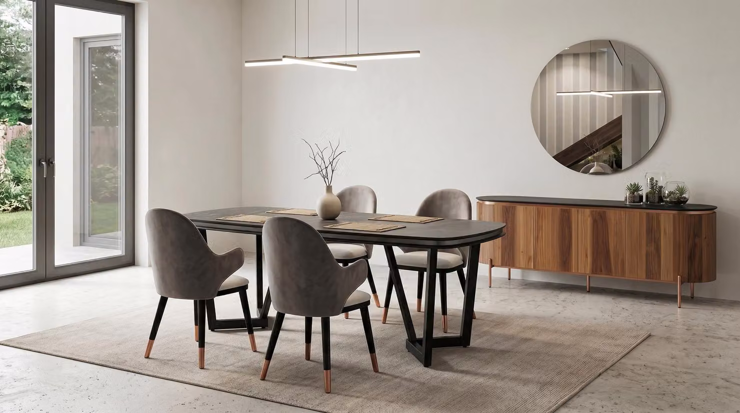 Tavolo, sedia, credenza, specchio, marrone, grigio, nero, moderno, nuovo