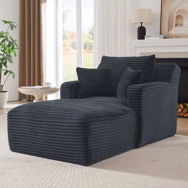 Chaise longue in corduroy con imbottitura in schiuma e molle insacchettate, senza montaggio per relax, grigio scuro