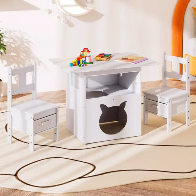 Set di arredamento per bambini composto da tavolo e 3 sedie in legno e MDF bianco con design minimalista