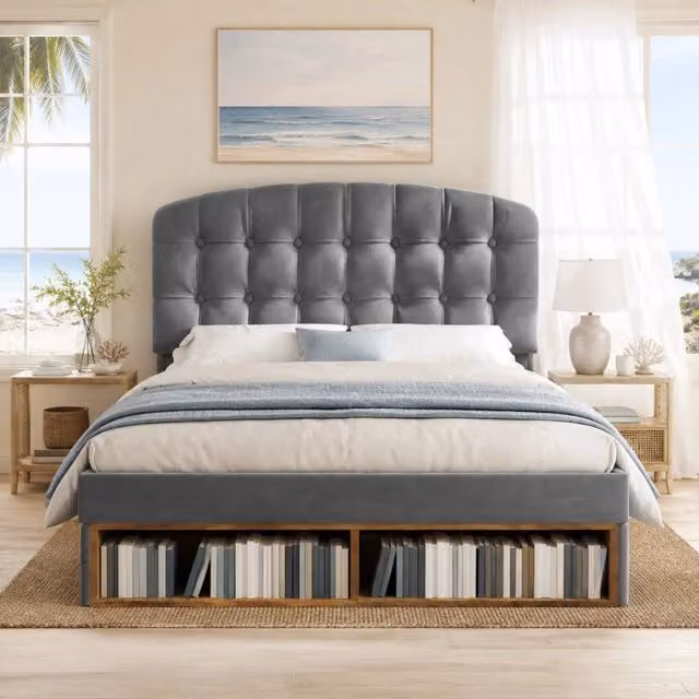 Letto imbottito 140x200 cm grigio in velluto con cassetti, vani e rete a doghe