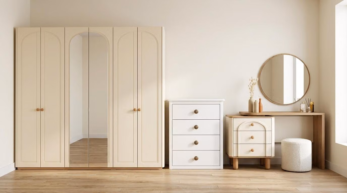 Set per camera da letto beige, moderno, composto da: tavolino da trucco, cassettiera, armadio