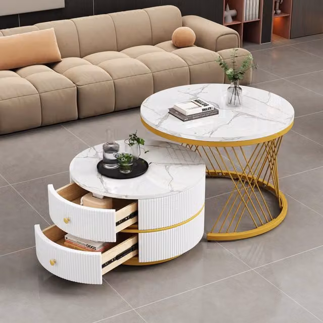 Tavolini bassi a incastro rotondi in MDF bianco effetto marmo lucido con 2 cassetti e portata 30 kg per tavolo