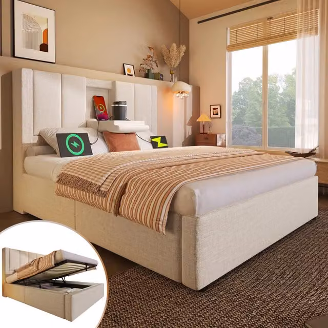 Letto singolo contenitore 90 × 200 cm, 3 USB, Tipo C e portabicchiere, senza materasso, lino beige