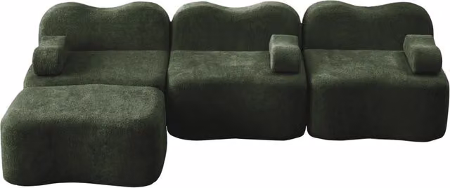 Divano modulare angolare senza telaio a 3 posti con pouf, schiuma ad alta densità 32D, rivestimento in velluto verde