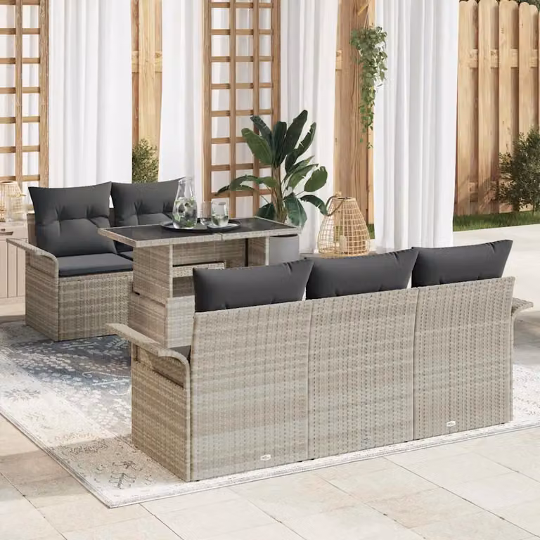 Set Divano da Giardino vidaXL 6 Pezzi Grigio con Cuscini e Tavolino in Polyrattan e Acciaio