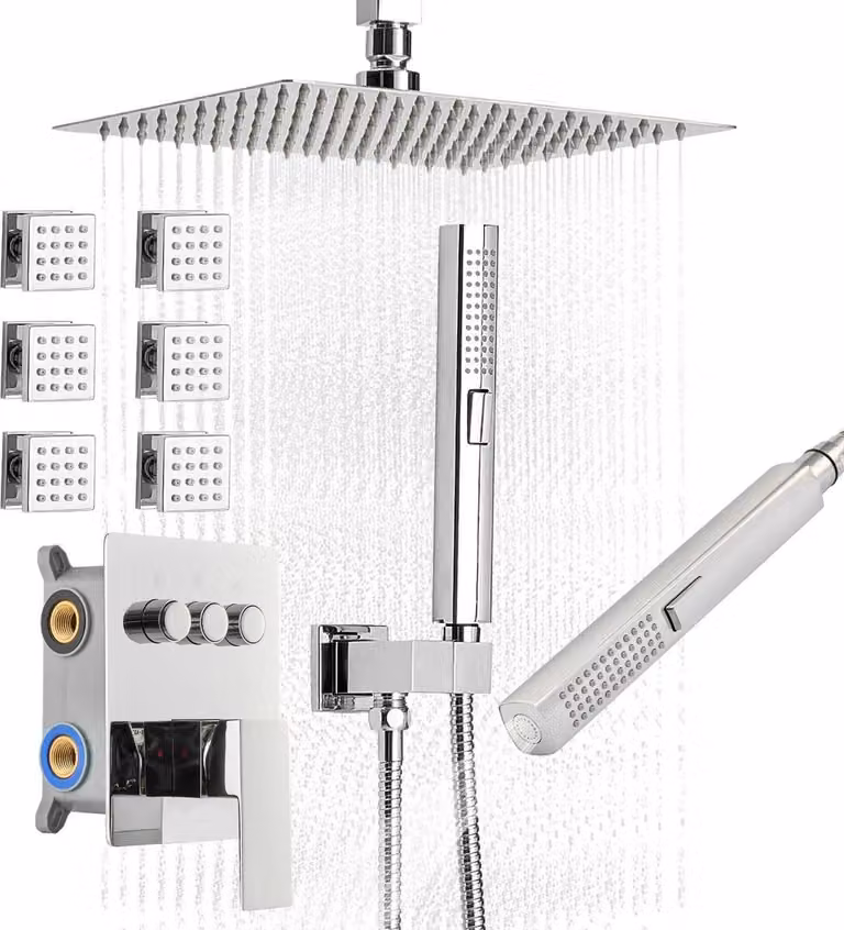 Set rubinetteria doccia, sistema doccia a pioggia con montaggio a soffitto da 254 mm con 6 getti corpo e doccetta 2 in 1, set sistema soffione pioggia girevole a 3 funzioni, kit completo valvole e finiture in ottone, cromato