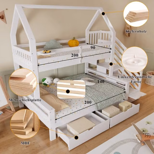 Letto a castello per bambini 90x200 e 140x200 cm; design a casetta con scala contenitore e 2 cassetti; pino e MDF; bianco