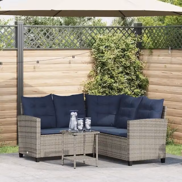 Divano da Giardino con Tavolo e Cuscini a L-Sofa da Giardino-Divano da esterno Grigio Polyrattan 283208