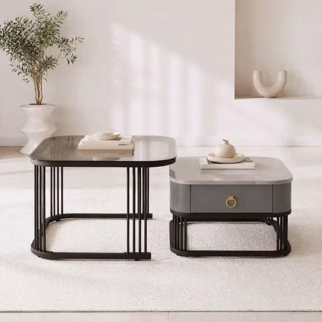Set 2 tavolini da salotto ULEVR 60x60 e 50x50 cm, tavolino nidificabile con 2 cassetti, nero e grigio