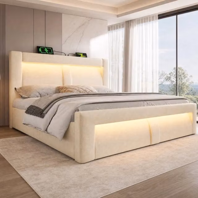 Letto matrimoniale contenitore 180x200 cm con LED; USB e Type-C; testiera curva in velluto beige