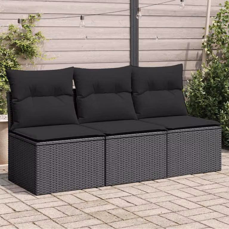 vidaXL Divano da giardino moderno a 3 posti in polyrattan nero con cuscini inclusi