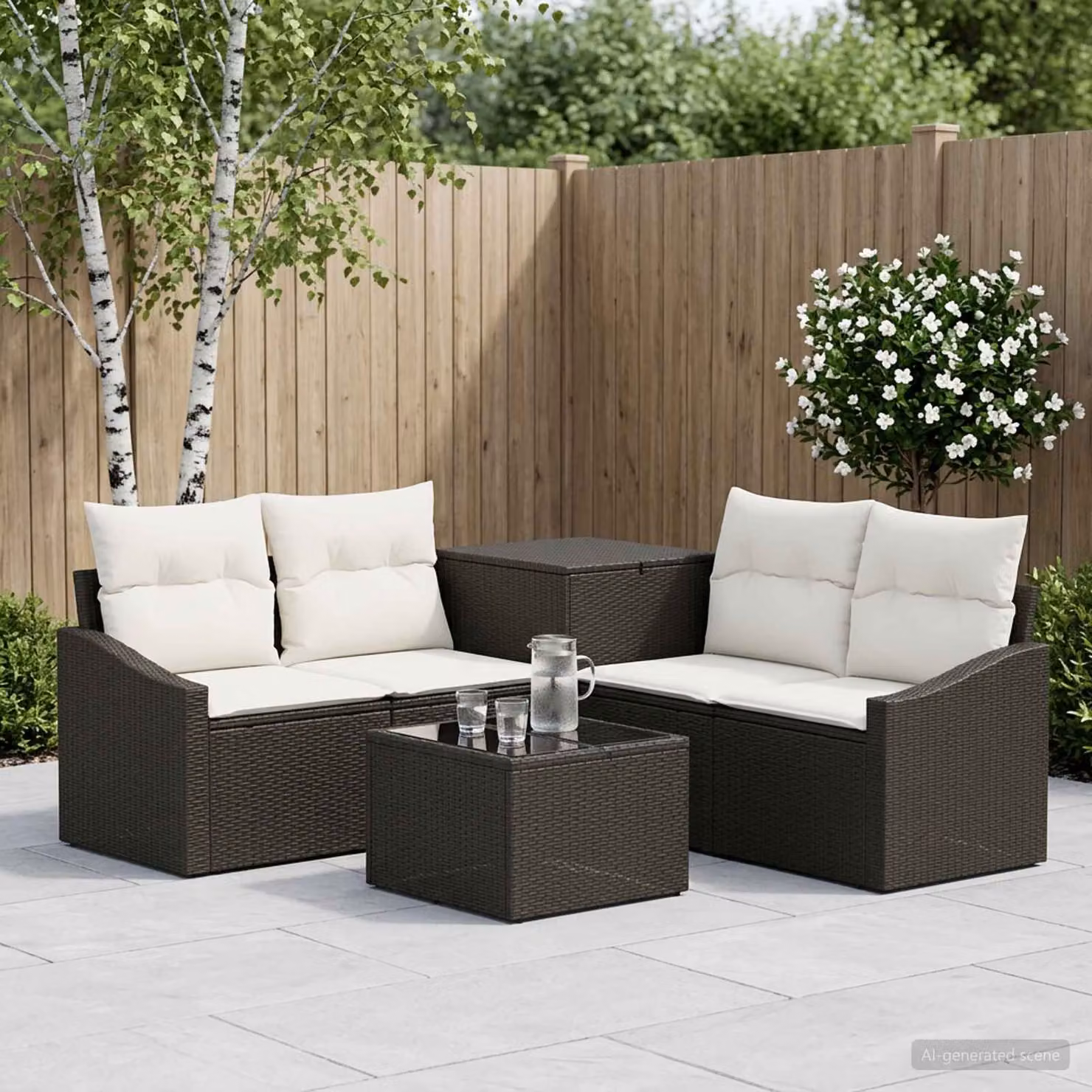 Set di divani da giardino vidaXL in polyrattan con forma a L, colore nero e bianco crema, composto da 6 pezzi con tavolino da caffè e cuscini inclusi