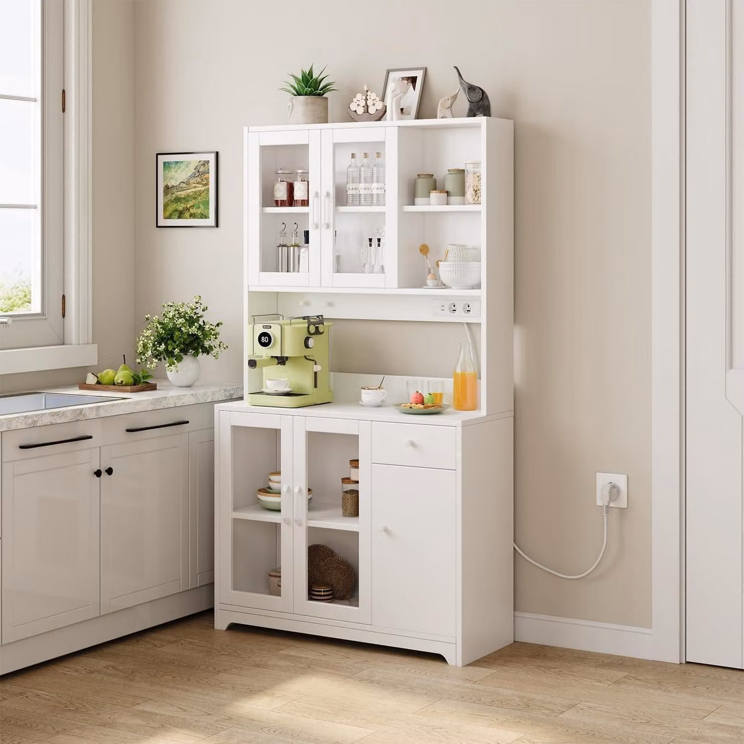 Mobile da cucina con piano di lavoro da 183 cm, 5 ante, 1 cassetto, colore bianco, con prese di corrente