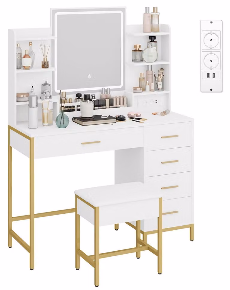 Comò da trucco con sgabello, specchio HD, illuminazione a LED, presa di corrente, porta USB, 5 cassetti, bianco/oro