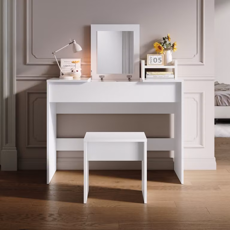 SONNI Tavolino da toilette bianco, 2 in 1, specchio per il trucco a scomparsa e vano portaoggetti 10x45x76cm