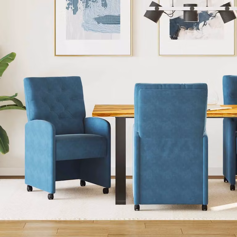 Set di 2 sedie da pranzo con ruote vidaXL in velluto blu, L: 58 cm, P: 67 cm, H: 97 cm