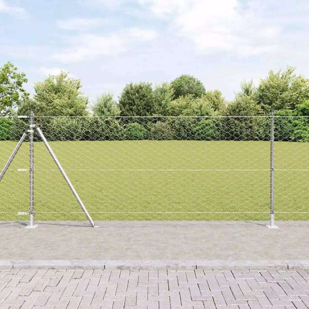 Recinzione esagonale vidaXL in acciaio zincato con base in cemento, Argento, L: 50 m, H: 1 m