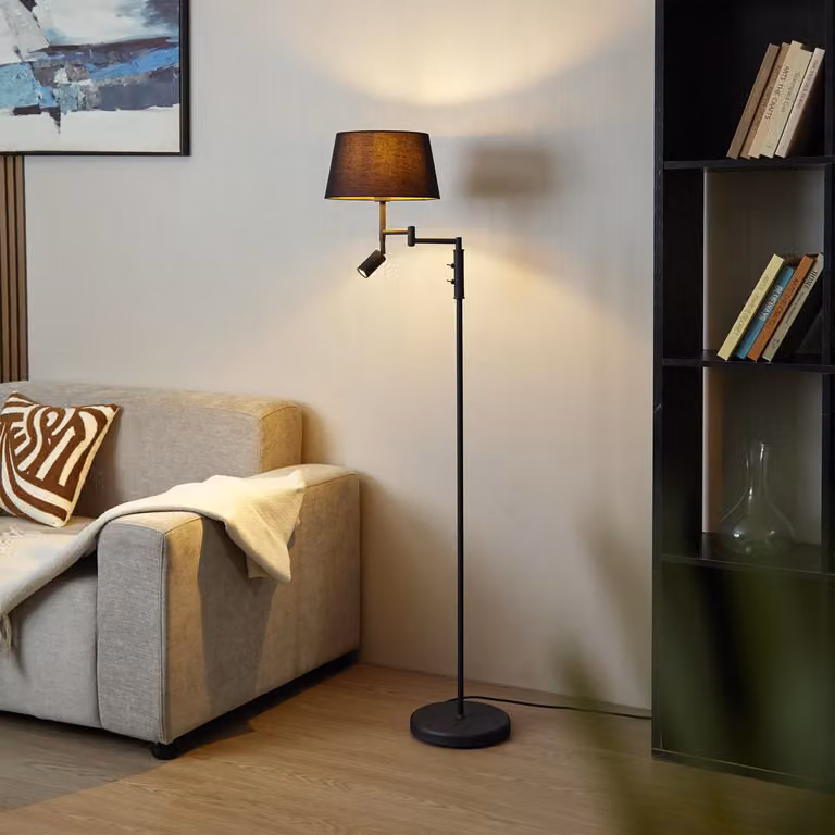 Lampada da terra nera con paralume nero e lampada da lettura regolabile Ladas