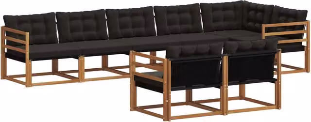 Set di divani da esterno a L vidaXL in legno di acacia e textilene, 8 pezzi, Marrone e Nero
