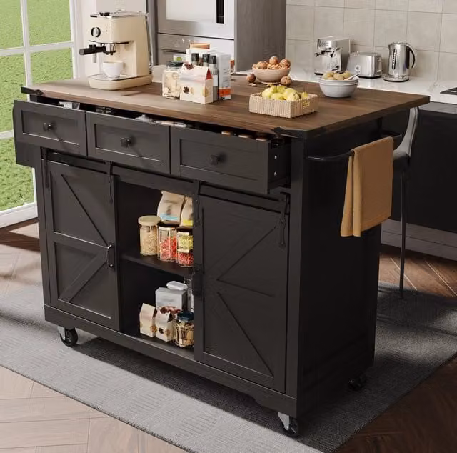 Isola da cucina mobile con piano pieghevole, 3 cassetti e ante scorrevoli