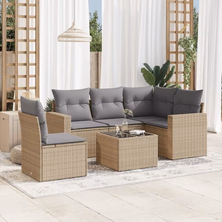 vidaXL Set Divano da Giardino a L in Polyrattan con Cuscini Beige e Tavolino per 6 Persone