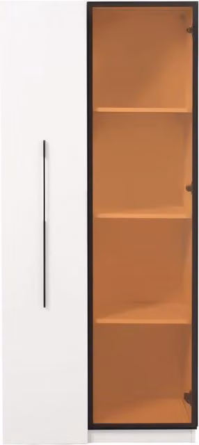 Armadio multifunzione 160 cm con vetrina in vetro temperato, telaio in alluminio, 1 porta, 1 cassetto laterale estraibile con ruote e illuminazione LED