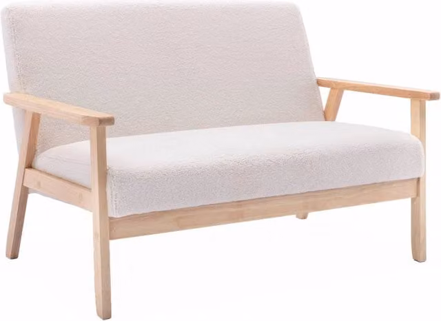 Divano a 2 posti Sweeek in tessuto bouclé beige e bianco con gambe in legno di gomma, stile scandinavo, L: 114 cm, P: 73 cm, H: 69,5 cm – 1