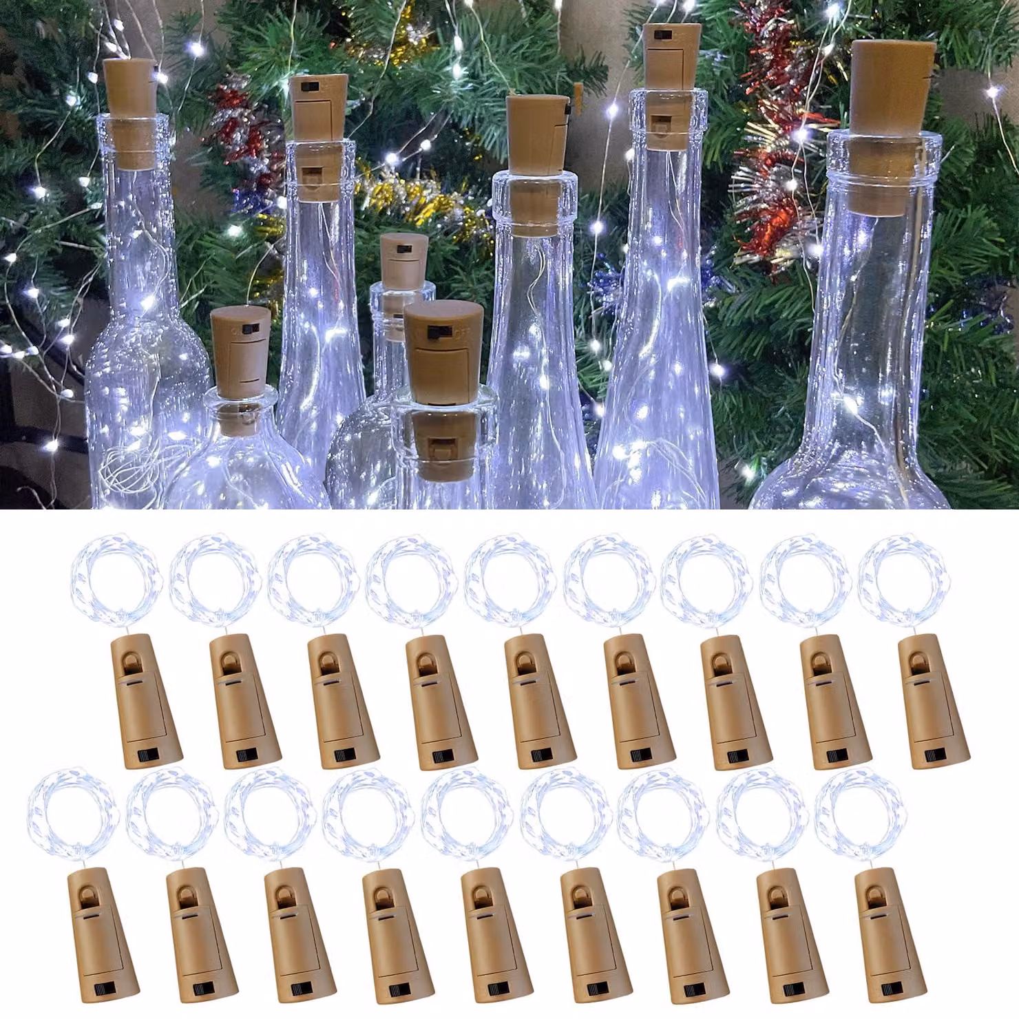 Luci a LED per bottiglie, confezione da 18 pezzi, lunghezza 2 metri, 20 LED, luce bianca fredda
