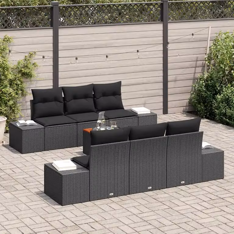 Set Divano da Giardino vidaXL 7 Pezzi Nero con Cuscini e Funzione Archiviazione in Polyrattan e Acciaio