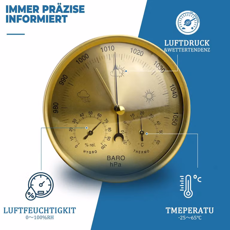 Barometro-termometro 3-in-1 in rame, stazione meteorologica per esterni, per la misurazione della temperatura