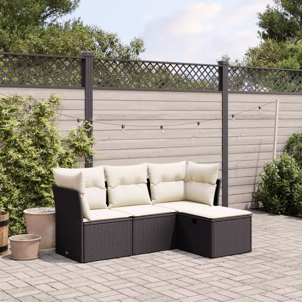 vidaXL Set Divano da Giardino a L con Poltrona e Pouf, 4 Pezzi, Nero con Cuscini Imbottiti e Rivestimenti Rimovibili – 1