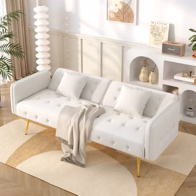 Divano letto 2 posti con schienale e braccioli regolabili; 215x81;5 cm; velluto bianco antico