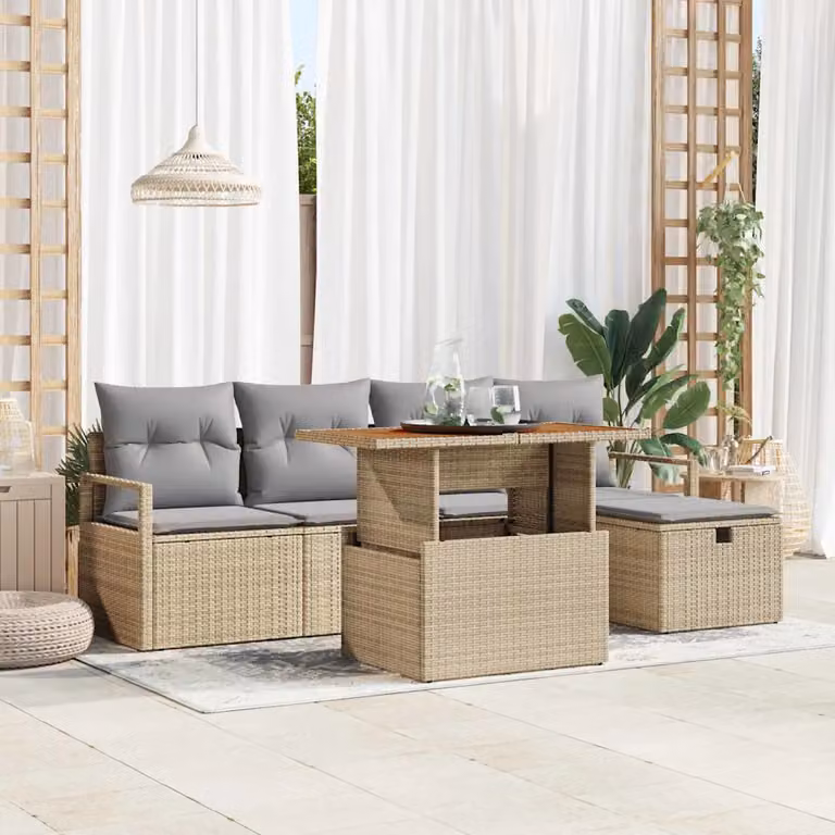 Set Divano da Giardino 6 Pezzi vidaXL Beige con Cuscini e Tavolino in Polyrattan e Acciaio
