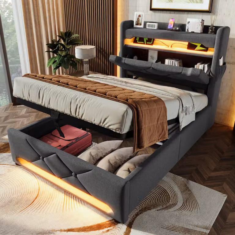 Letto singolo imbottito STILVORA, 90x200 cm, senza materasso. Struttura del letto con spazio contenitore, testiera/cassettiera. Letto contenitore con porte USB e di tipo C e illuminazione a LED, colore grigio