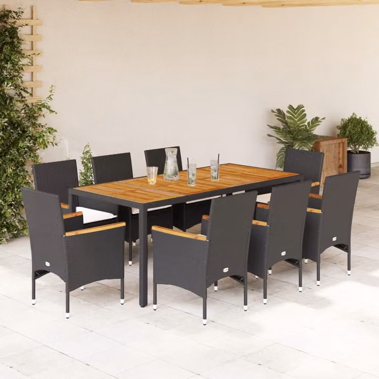 Set Pranzo da Giardino vidaXL in Polyrattan e Legno di Acacia Nero con Cuscini Beige, 9 Pezzi