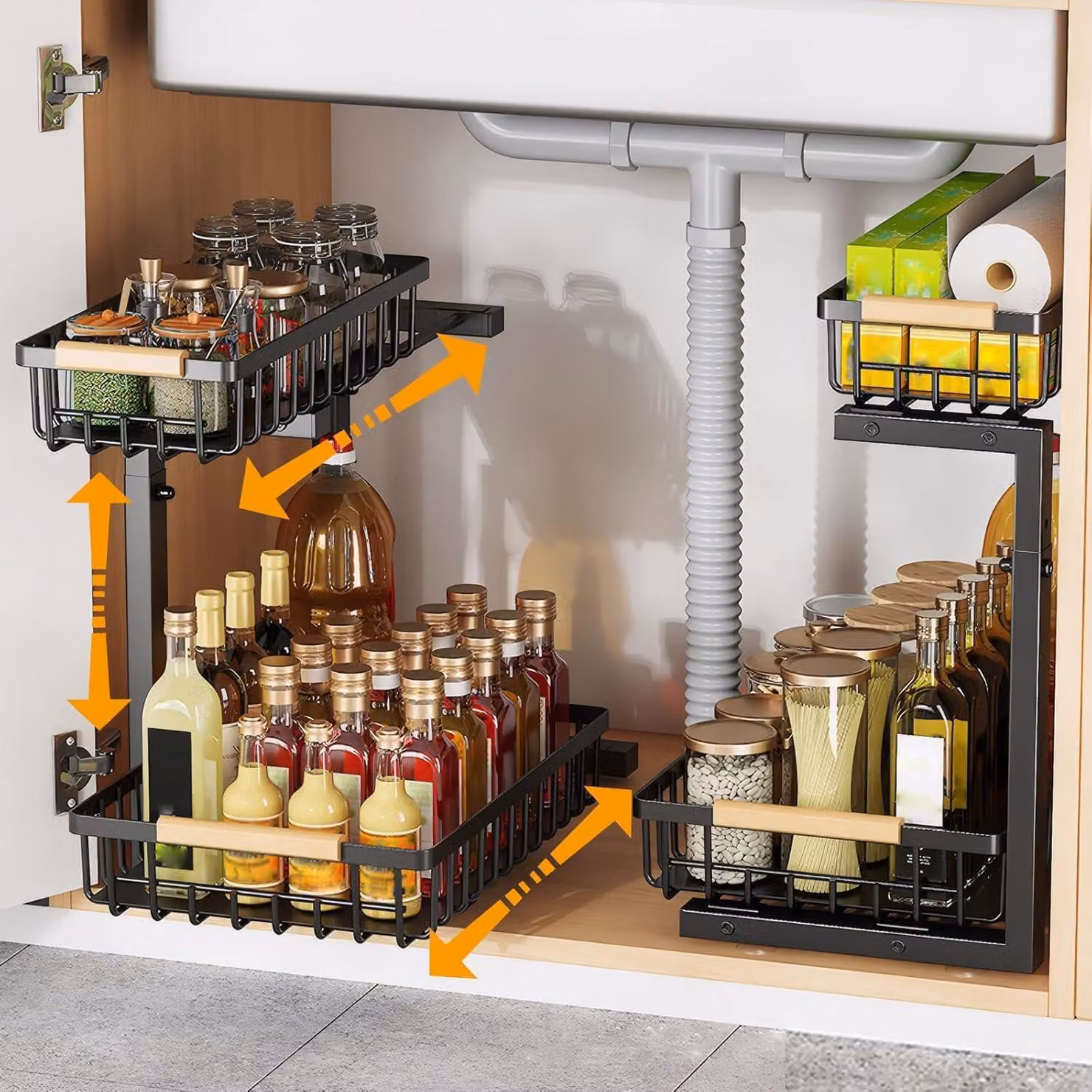 Organizzatore per cucina, 2 ripiani, Acciaio al carbonio, nero, per lavello